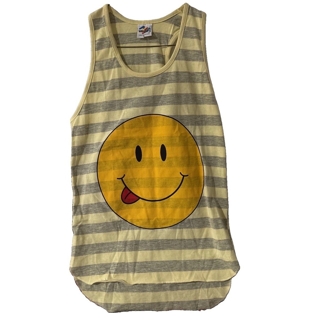 Vtg Wright's Stripe Yellow Gray Smiley Face Graphic Tank Top High Low USA SMALL